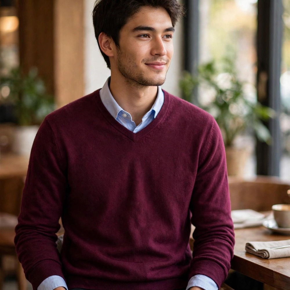 Alan Flusser Men's Burgundy V-Neck Cotton Cashmere Sweater Size L